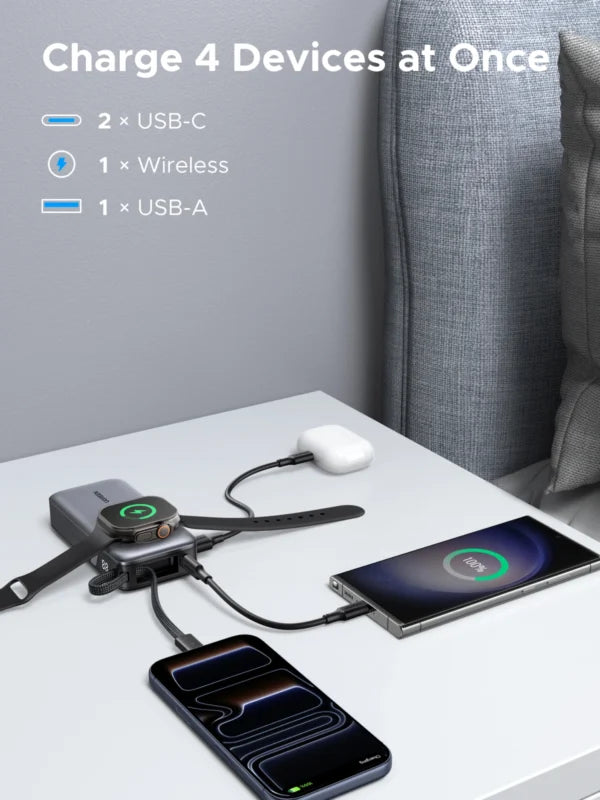 UGREEN 10000mAh 30W + Magnetic Apple Watch & Inbuilt Type-C Cable Fast Charger Power Bank – 55434B