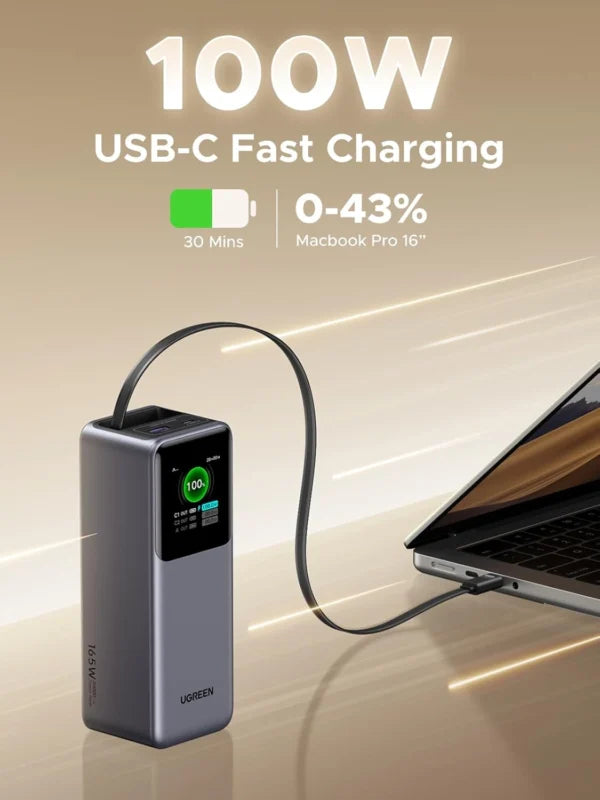 UGREEN 20000mAh 165W Nexode Smart Display Power Bank with Retractable Cable (CCC version) – 95670B