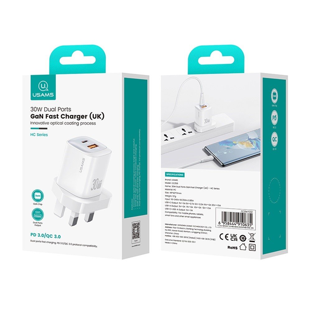 USAMS 30W A+C GAN Dual Ports GaN Fast Charger (UK) – HC Series