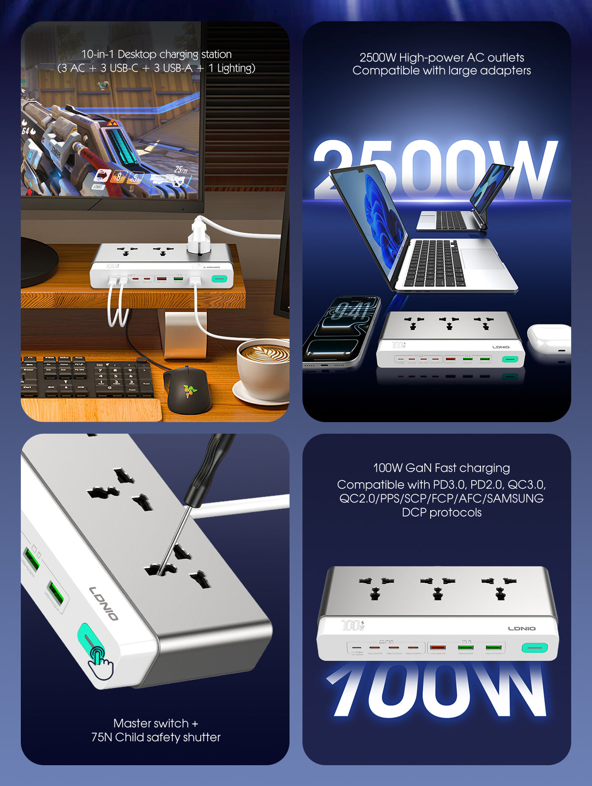 LDNIO 3 Ports 100W GaN 10-in-1 Charging Station - SC3