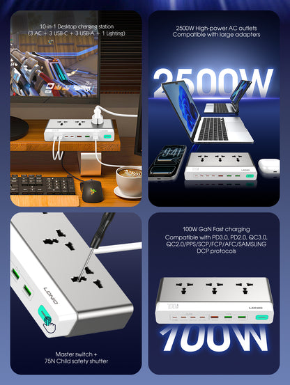 LDNIO 3 Ports 100W GaN 10-in-1 Charging Station - SC3