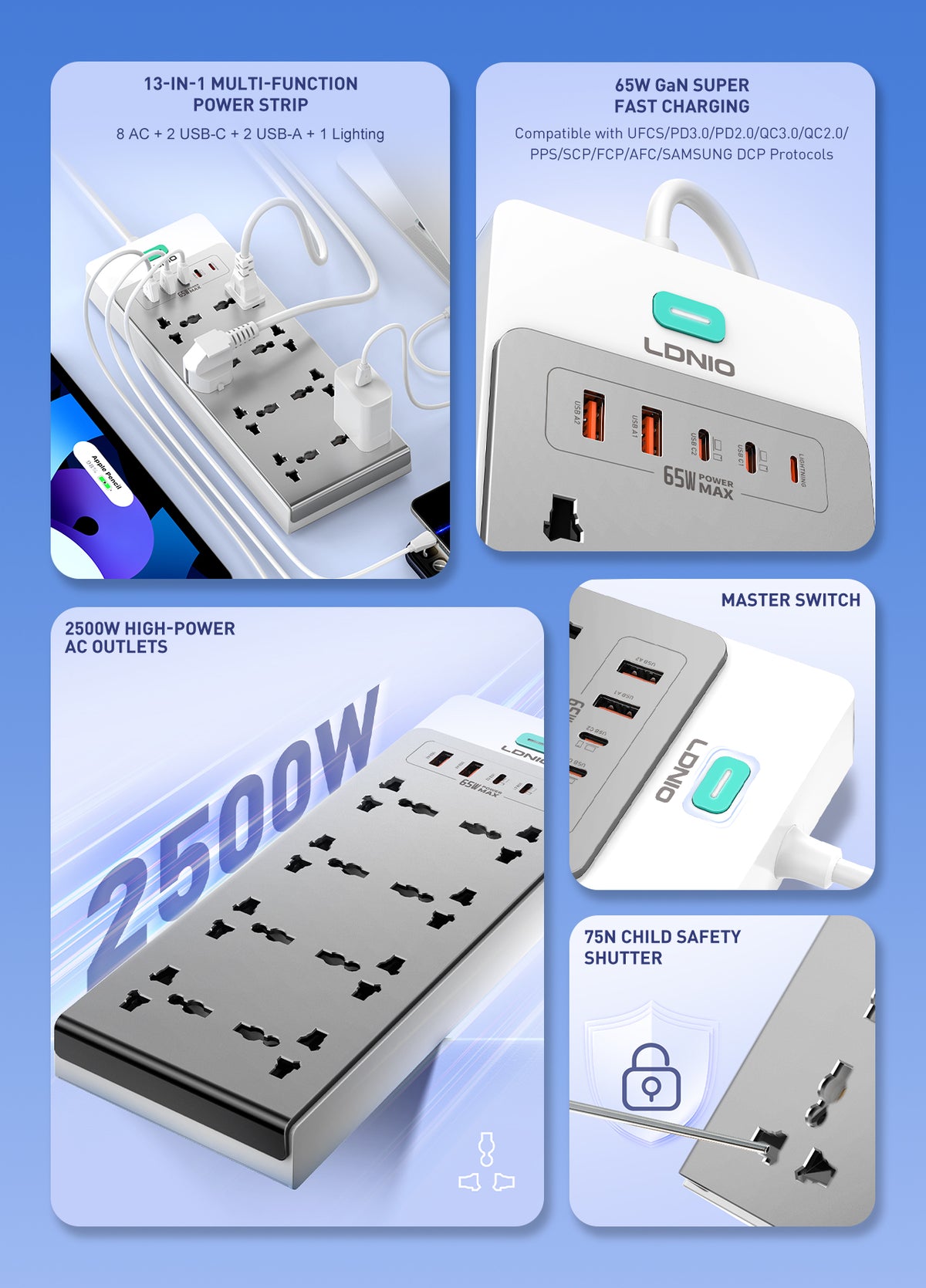 LDNIO 8 Ports 65W GaN 13-in-1 Universal Power Extension Cord - SC4