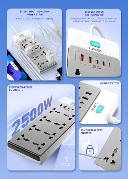 LDNIO 8 Ports 65W GaN 13-in-1 Universal Power Extension Cord - SC4