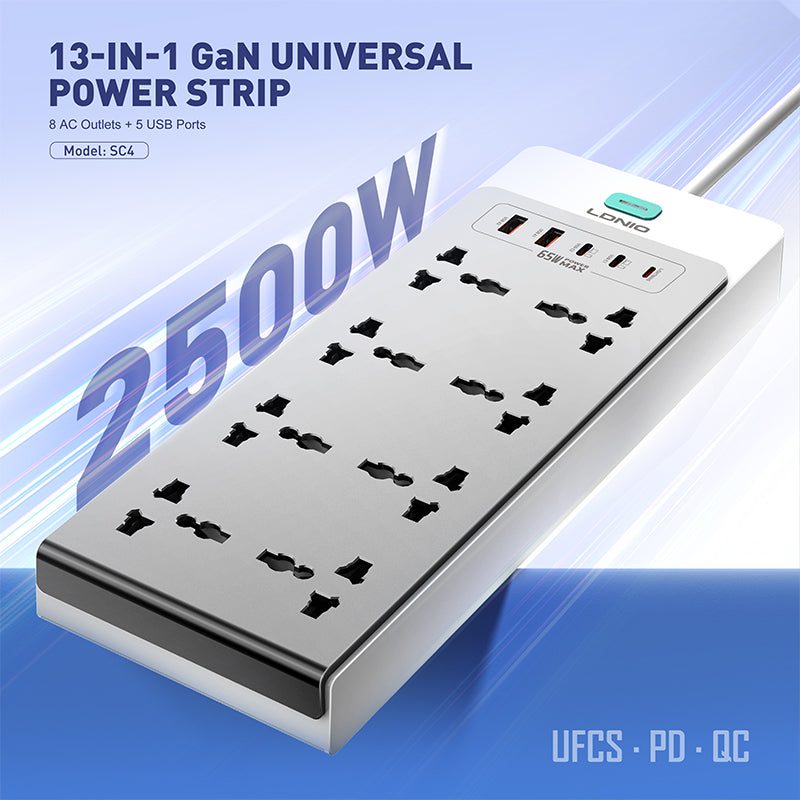 LDNIO 8 Ports 65W GaN 13-in-1 Universal Power Extension Cord - SC4
