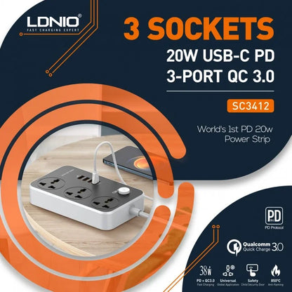 LDNIO 3 Ports Universal Extension Power Cord - SC3412
