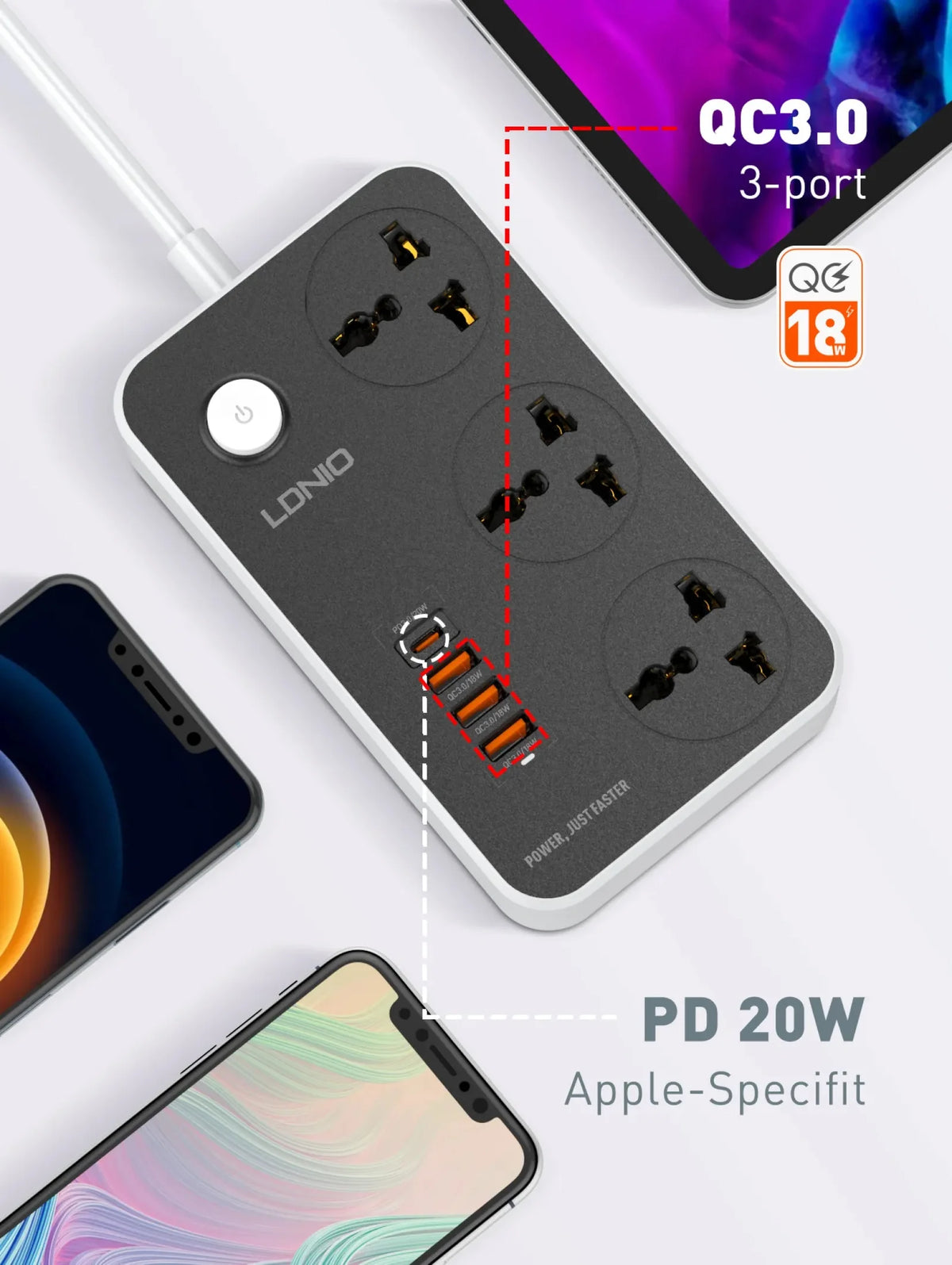 LDNIO 3 Ports Universal Extension Power Cord - SC3412