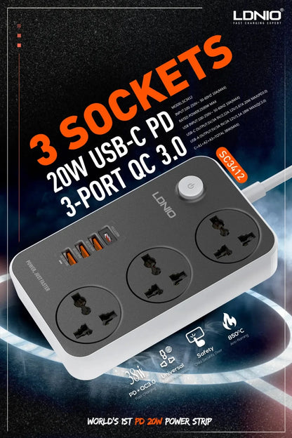 LDNIO 3 Ports Universal Extension Power Cord - SC3412