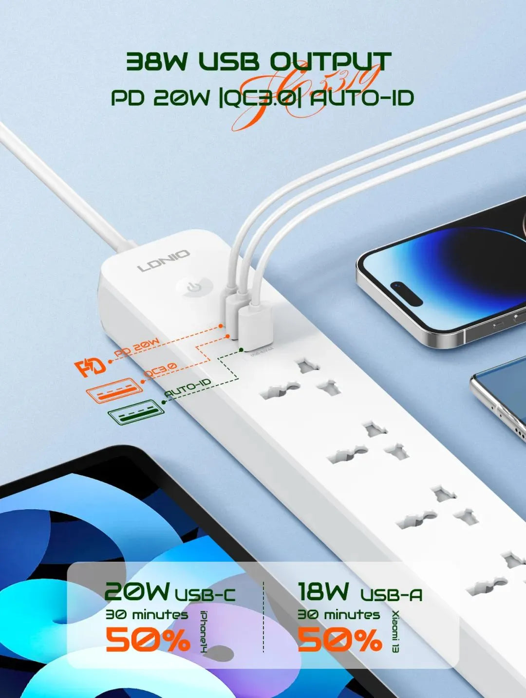LDNIO 5 Ports Universal Extension Cord Defender Series – SC5319