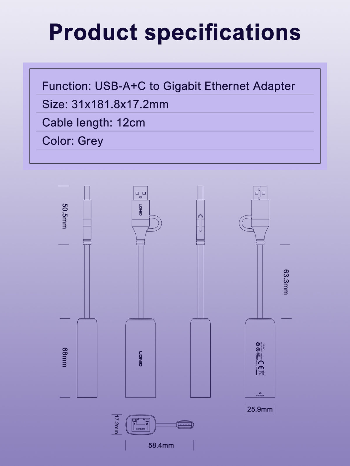 LDNIO RJ45 Gigabit Ethernet Adapter USB + C