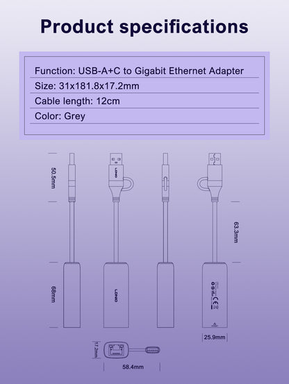 LDNIO RJ45 Gigabit Ethernet Adapter USB + C