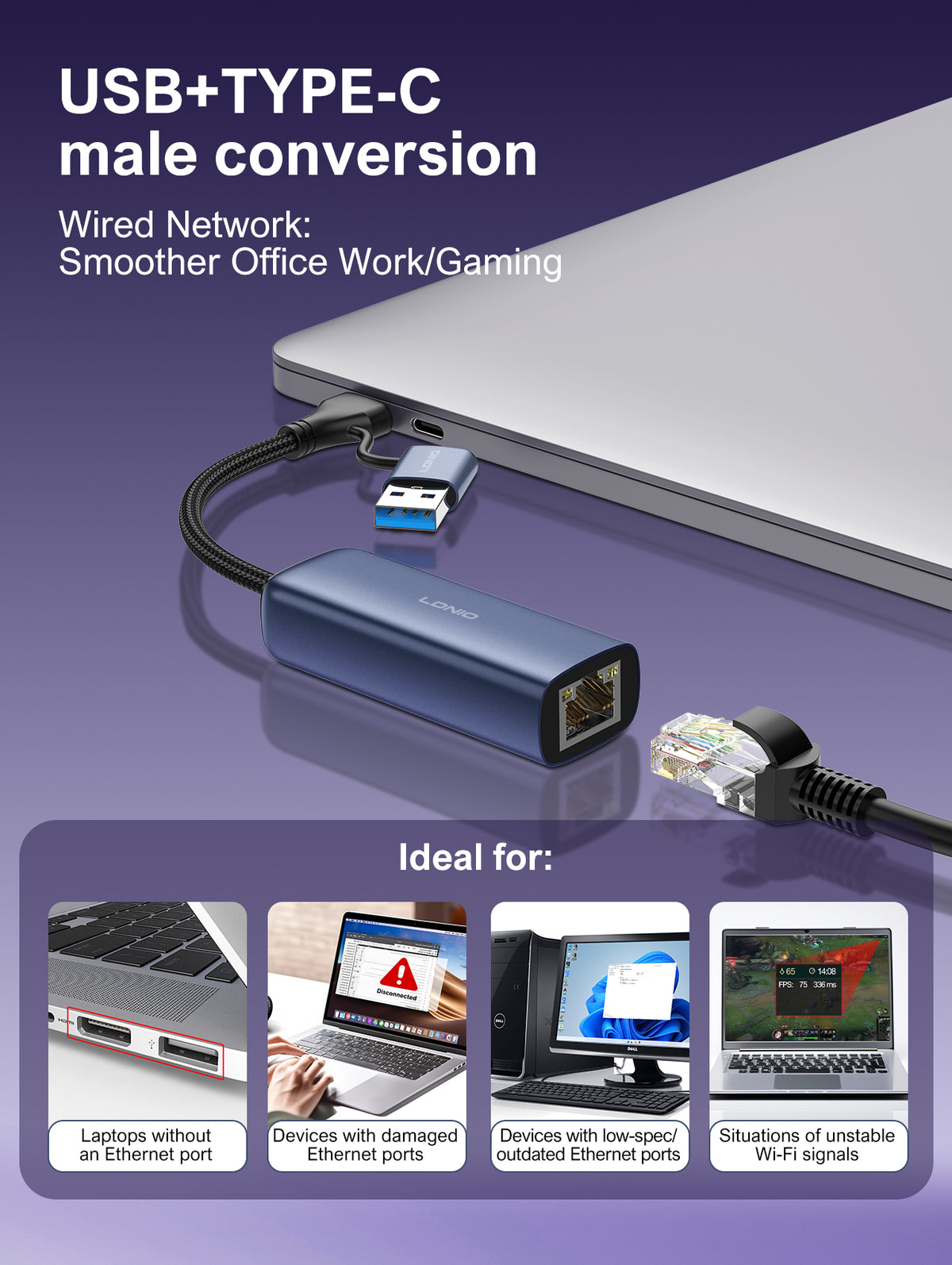 LDNIO RJ45 Gigabit Ethernet Adapter USB + C
