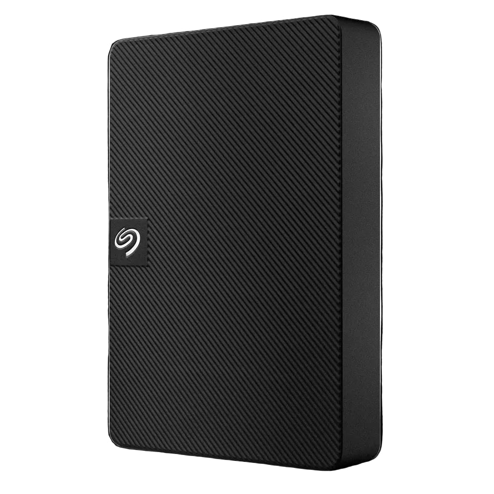 Black external hard drive with Seagate logo on a white background