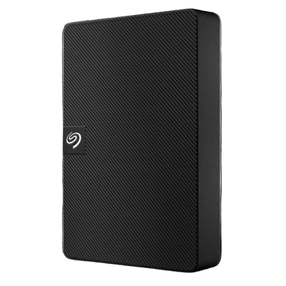 Black external hard drive with Seagate logo on a white background
