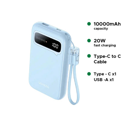 UGREEN 10000mAh 20W Two-way Fast Charging Power Bank with Type-C to Type-C Cable – 45423B