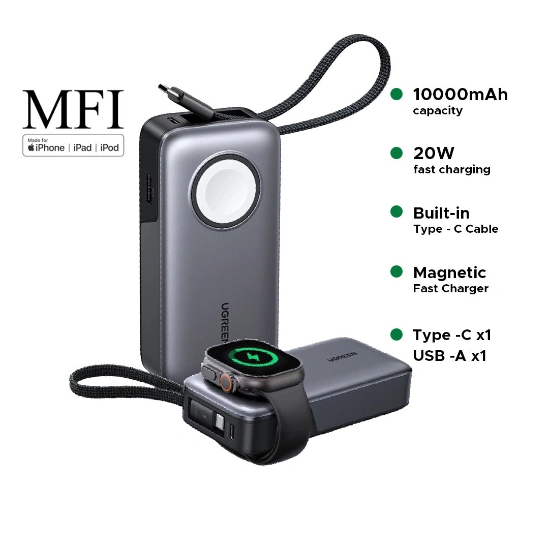 UGREEN 10000mAh 30W + Magnetic Apple Watch & Inbuilt Type-C Cable Fast Charger Power Bank – 55434B