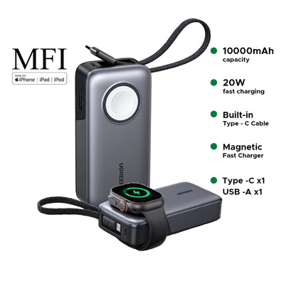 UGREEN 10000mAh 30W + Magnetic Apple Watch & Inbuilt Type-C Cable Fast Charger Power Bank – 55434B