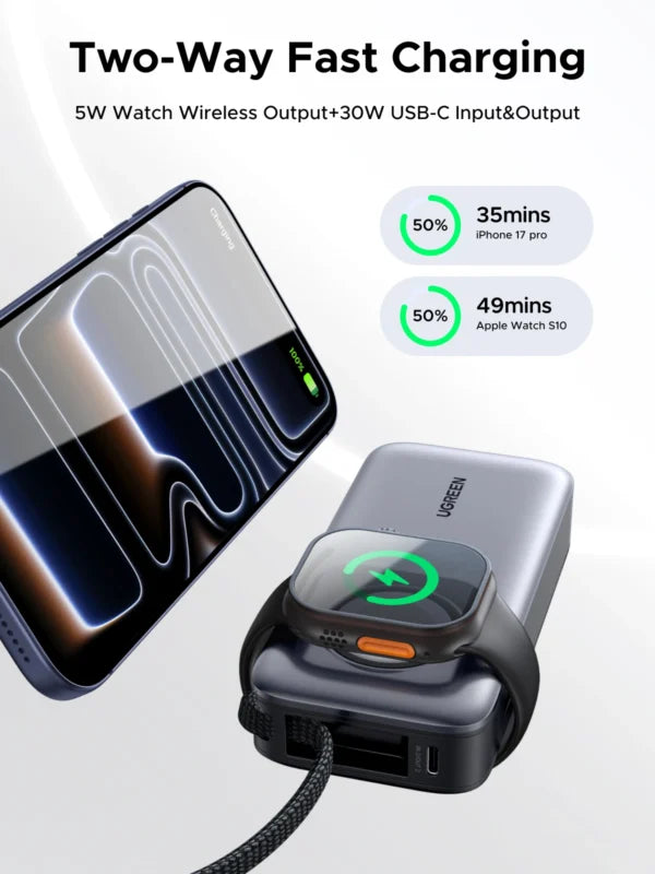 UGREEN 10000mAh 30W + Magnetic Apple Watch & Inbuilt Type-C Cable Fast Charger Power Bank – 55434B