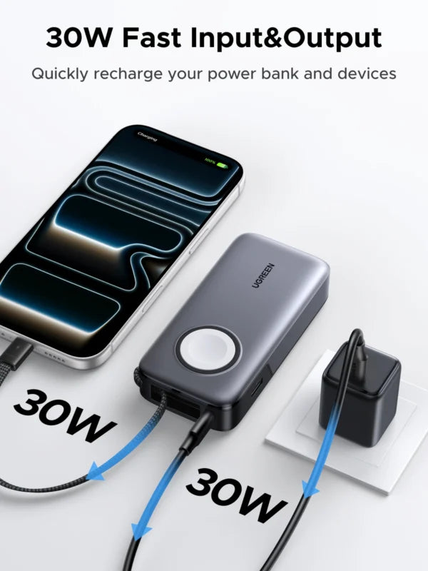 UGREEN 10000mAh 30W + Magnetic Apple Watch & Inbuilt Type-C Cable Fast Charger Power Bank – 55434B