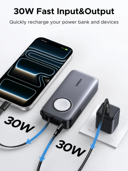 UGREEN 10000mAh 30W + Magnetic Apple Watch & Inbuilt Type-C Cable Fast Charger Power Bank – 55434B