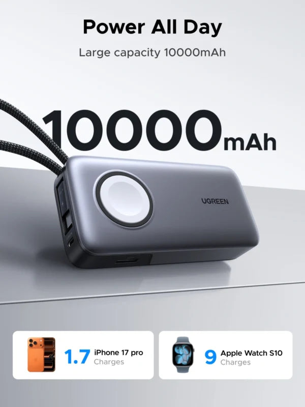 UGREEN 10000mAh 30W + Magnetic Apple Watch & Inbuilt Type-C Cable Fast Charger Power Bank – 55434B