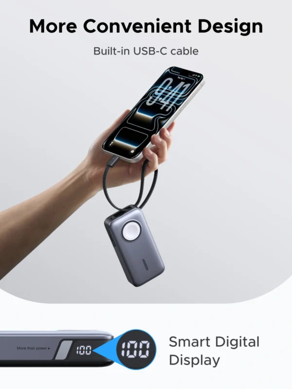 UGREEN 10000mAh 30W + Magnetic Apple Watch & Inbuilt Type-C Cable Fast Charger Power Bank – 55434B