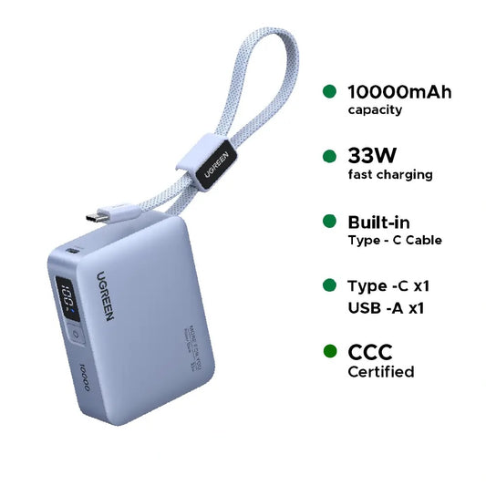 UGREEN 10000mAh 33W Fast Charging Power Bank With Type C Cable – 75173B
