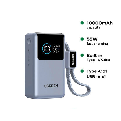 UGREEN 10000mAh 55W Nexode Pro Smart Digital Display Mini Power Bank with Build-in Type-C Cable – 75701B