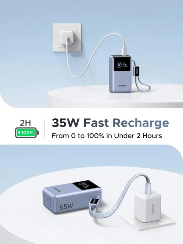 UGREEN 10000mAh 55W Nexode Pro Smart Digital Display Mini Power Bank with Build-in Type-C Cable – 75701B