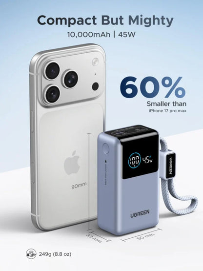 UGREEN 10000mAh 55W Nexode Pro Smart Digital Display Mini Power Bank with Build-in Type-C Cable – 75701B