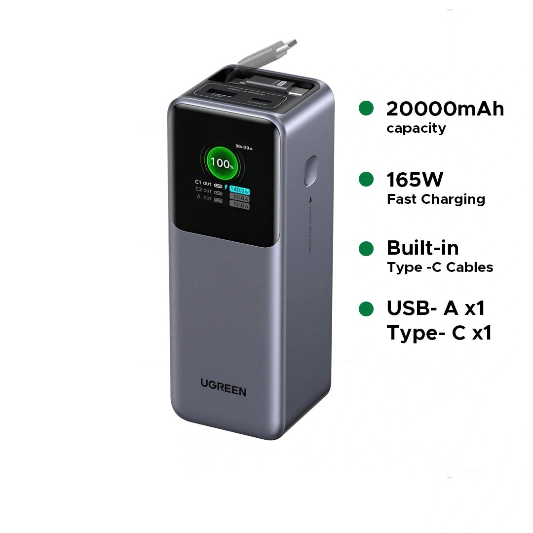 UGREEN 20000mAh 165W Power Bank with Retractable Cable – 55987B