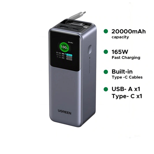 UGREEN 20000mAh 165W Power Bank with Retractable Cable – 55987B