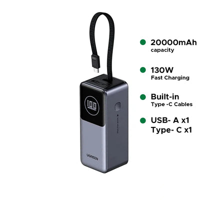UGREEN 20000mAh 130W Nexode Smart Display Power Bank with Built-in Cable – 55365B