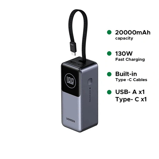UGREEN 20000mAh 130W Nexode Smart Display Power Bank with Built-in Cable – 55365B