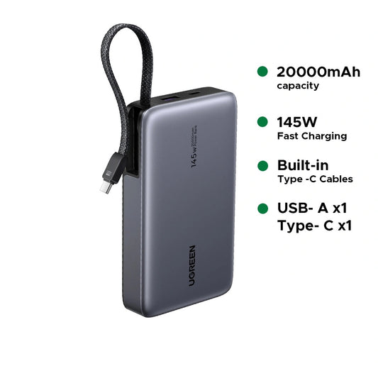 UGREEN 20000mAh 145W Power Bank with Built-in Cable – 55992B