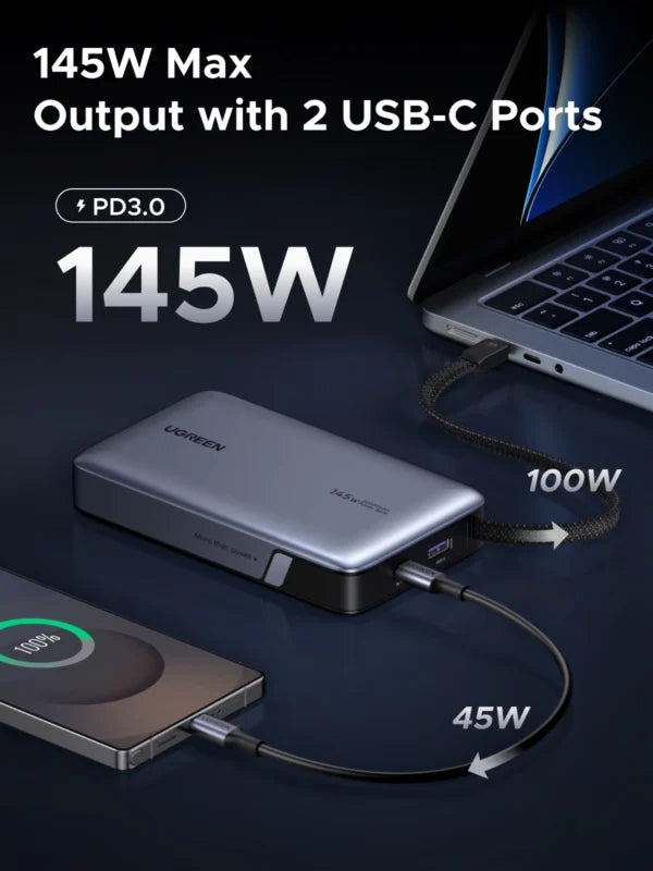 UGREEN 20000mAh 145W Power Bank with Built-in Cable – 55992B