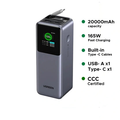 UGREEN 20000mAh 165W Nexode Smart Display Power Bank with Retractable Cable (CCC version) – 95670B