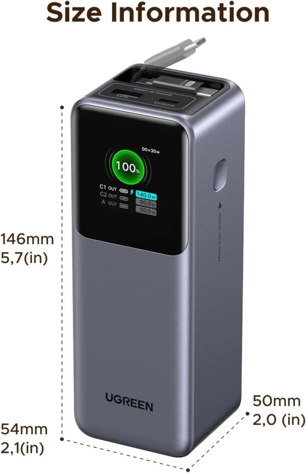UGREEN 20000mAh 165W Nexode Smart Display Power Bank with Retractable Cable (CCC version) – 95670B