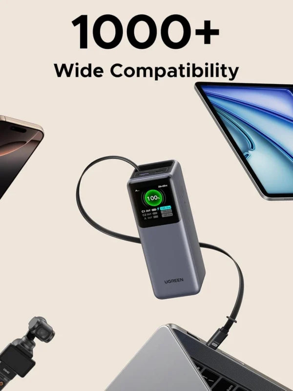 UGREEN 20000mAh 165W Nexode Smart Display Power Bank with Retractable Cable (CCC version) – 95670B