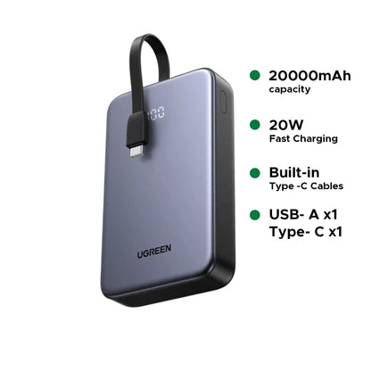 UGREEN 20000mAh 20W Power Bank with Integrated Type-C Cable – 45762
