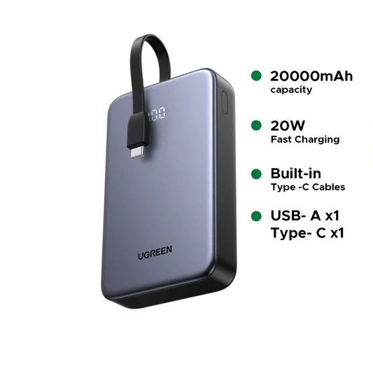 UGREEN 20000mAh 20W Power Bank with Integrated Type-C Cable – 45762