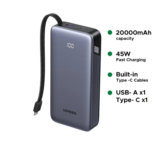 UGREEN 20000mAh 45W Power Bank with Built-in Cable – 55988B