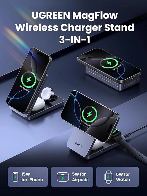 UGREEN Qi2 15W MagFlow 3-IN-1 MagSafe Charger For Watch/Airpod/Phone with 30 W Type-C Charger – 45025