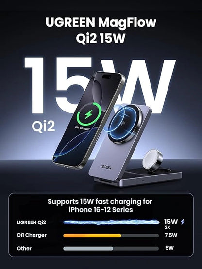 UGREEN Qi2 15W MagFlow 3-IN-1 MagSafe Charger For Watch/Airpod/Phone with 30 W Type-C Charger – 45025