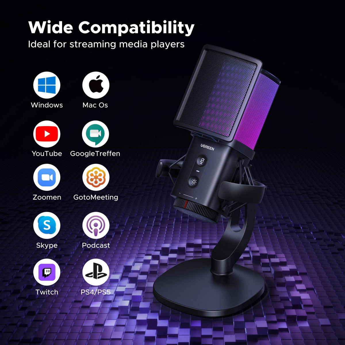 UGREEN Noise-Cancelling RGB 7-Light USB Desktop Microphone – CM581 – 65629