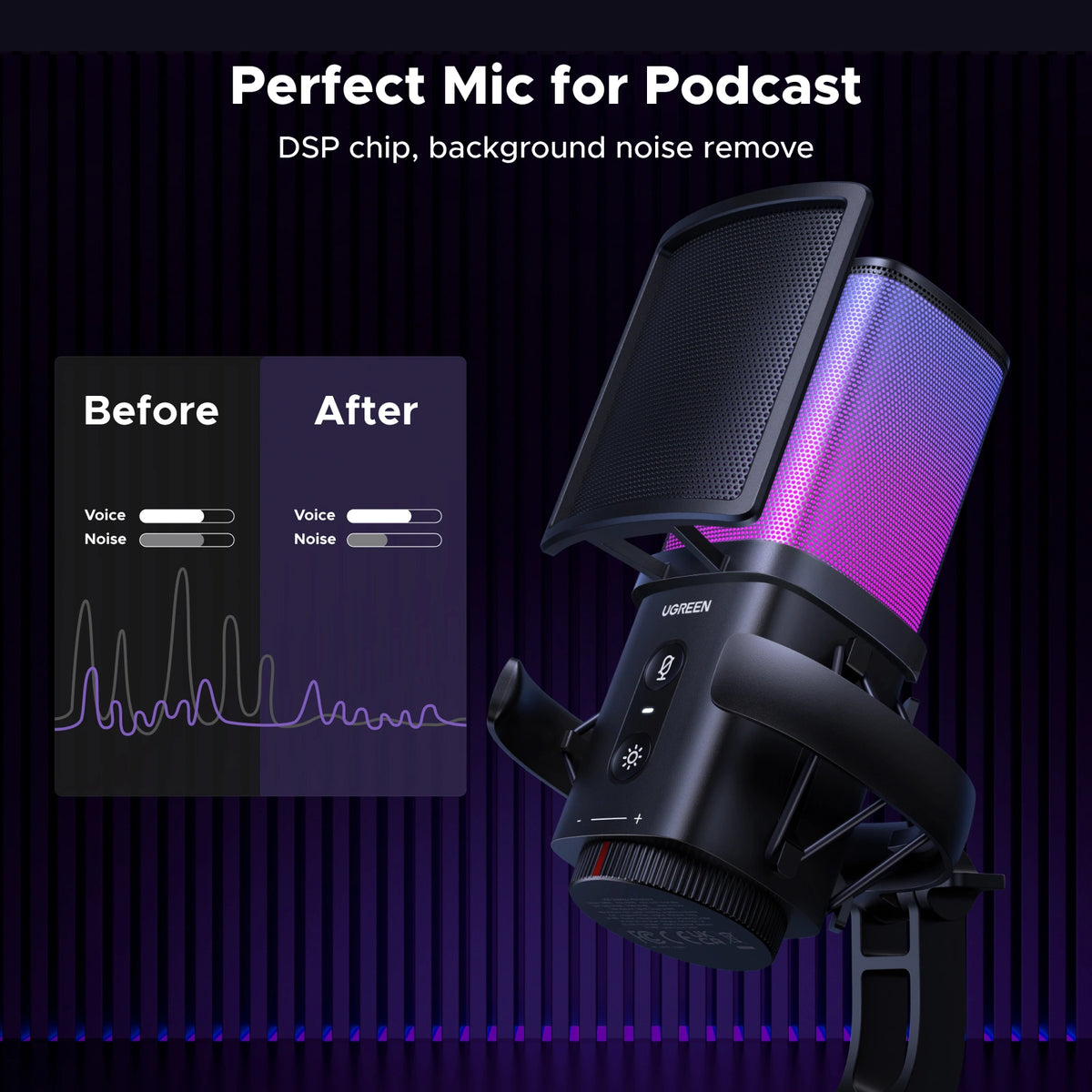 UGREEN Noise-Cancelling RGB 7-Light USB Desktop Microphone – CM581 – 65629
