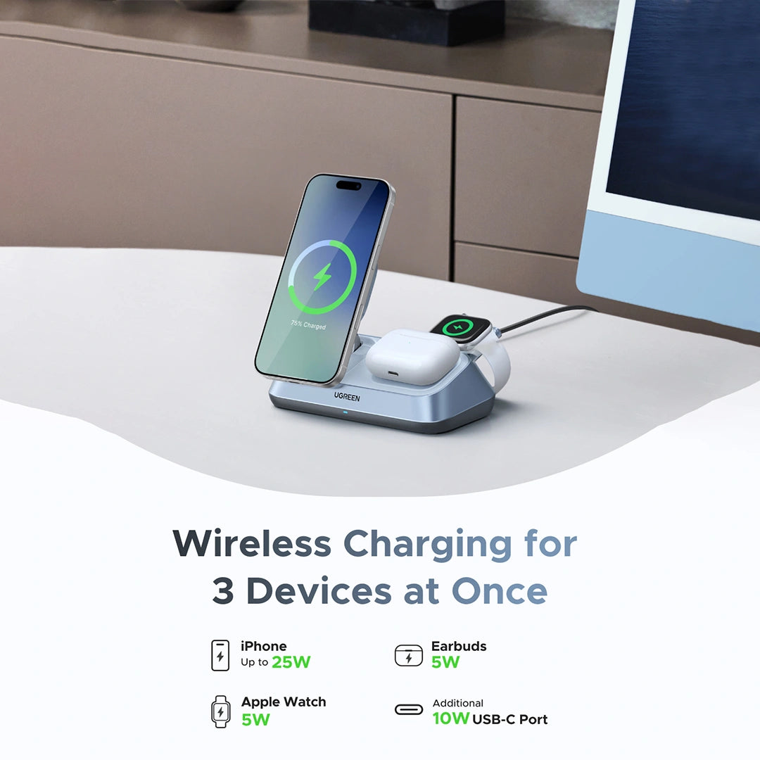 UGREEN 25W MagFlow Qi2 3-in-1 Magnetic Wireless Charger – 55678