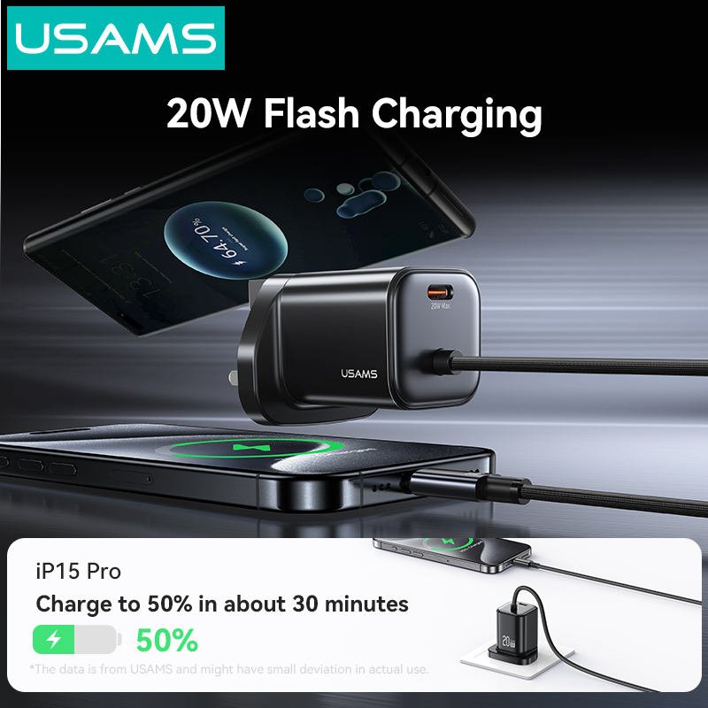 USAMS 20W GaN Mini 2C Dual-port Fast Charger With Type-C Cable (UK) – JC Series
