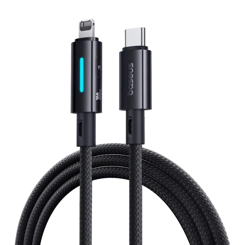 Black USB-C cable with braided design on a white background