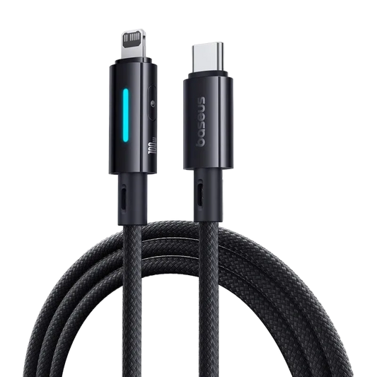 Black USB-C cable with braided design on a white background